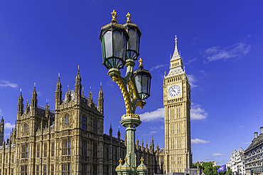 View of Big Ben clock tower from Westminster Bridge during summer, Westminster, London, England, United Kingdom, Europe