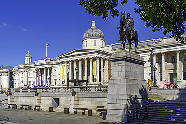 View of Equestrian Statue of King George IV and National Galery in Trafalgar Square during summer, Westminster, London, England, United Kingdom, Europe