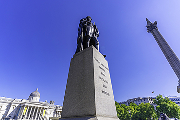 View of the Charles Napier statue and Nelson's Column in Trafalgar Square during summer, Westminster, London, England, United Kingdom, Europe