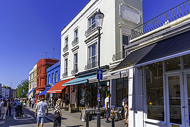 View of colourful shops in Kensington during summer, Kensington, London, England, United Kingdom, Europe