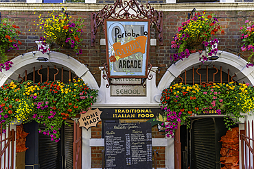 View of colourful restaurant in Portobello Road during summer, Kensington, London, England, United Kingdom, Europe