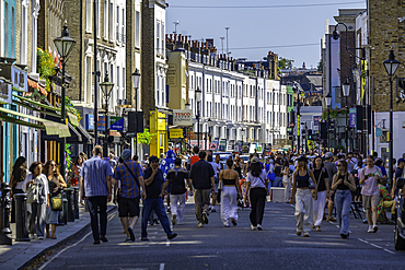 View of street scene in Portobello Road during summer, Kensington, London, England, United Kingdom, Europe