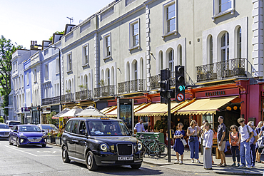 View of shops in Portobello Road during summer, Kensington, London, England, United Kingdom, Europe