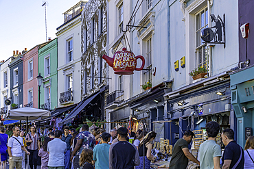 View of shops in Portobello Road during summer, Kensington, London, England, United Kingdom, Europe