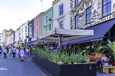 View of shops in Portobello Road during summer, Kensington, London, England, United Kingdom, Europe