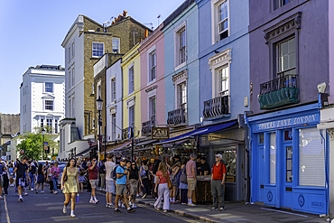 View of shops in Portobello Road during summer, Kensington, London, England, United Kingdom, Europe