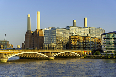 View of Battersea Power Station and river Thames during summer, Nine Elms, London, England, United Kingdom, Europe