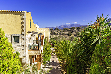 View of holiday homes and landscape in Limenas Chersonisou, Crete, Greek Islands, Greece, Europe