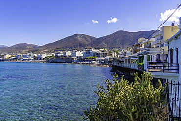 View of coastline and Paralia Limena Chersonisou Beach in Limenas Chersonisou, Crete, Greek Islands, Greece, Europe