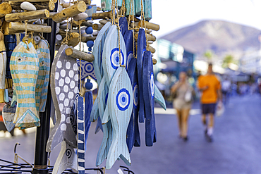 View of souvenirs on main street, Limenas Chersonisou, Crete, Greek Islands, Greece, Europe