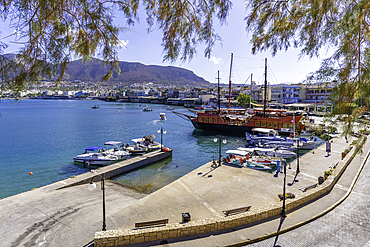 View of boats in Port of Hersonissos, Limenas Chersonisou, Crete, Greek Islands, Greece, Europe