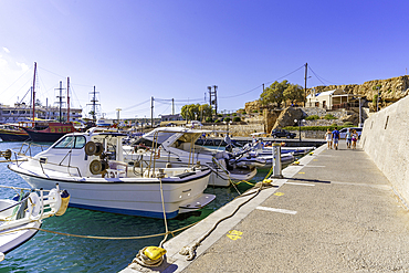 View of boats in Port of Hersonissos, Limenas Chersonisou, Crete, Greek Islands, Greece, Europe