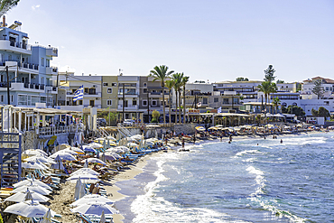 View of Akti Navarchou Nearchou Beach in Limenas Chersonisou, Crete, Greek Islands, Greece, Europe