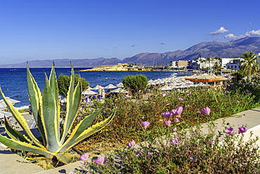 View of Akti Navarchou Nearchou Beach in Limenas Chersonisou, Crete, Greek Islands, Greece, Europe