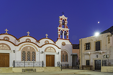View of Church of the Metamorphosis of the Savior in Piskopiano village at dusk, Piskopiano, Crete, Greek Islands, Greece, Europe