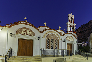 View of Church of the Metamorphosis of the Savior in Piskopiano village at dusk, Piskopiano, Crete, Greek Islands, Greece, Europe