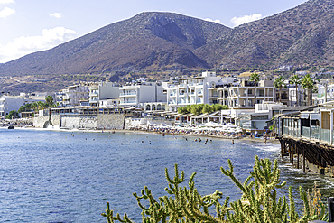 View of coastline and Paralia Limena Chersonisou Beach in Limenas Chersonisou, Crete, Greek Islands, Greece, Europe