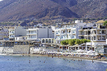 View of coastline and Paralia Limena Chersonisou Beach in Limenas Chersonisou, Crete, Greek Islands, Greece, Europe