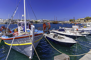 View of boats in Limenas Chersonisou Port, Limenas Chersonisou, Crete, Greek Islands, Greece, Europe