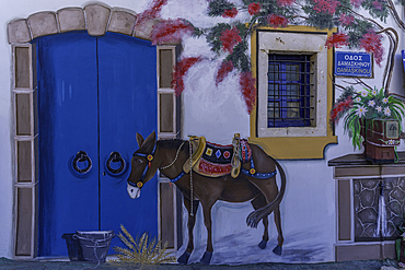 View of colourful painting on building in Chersonisos village, Piskopiano, Crete, Greek Islands, Greece, Europe