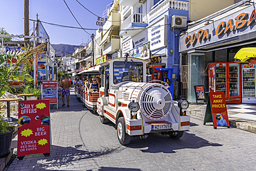 View of tour train in Limenas Chersonisou, Limenas Chersonisou, Crete, Greek Islands, Greece, Europe