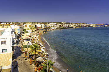 Elevatied view of coastline of Limenas Chersonisou, Limenas Chersonisou, Crete, Greek Islands, Greece, Europe