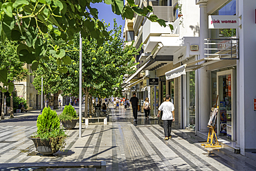 View of shops in city centre on a sunny day, City of Heraklion, Crete, Greek Islands, Geece, Europe