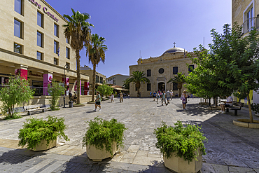 View of Cathedral Holy Temple of Saint Titus on a sunny day, City of Heraklion, Crete, Greek Islands, Geece, Europe