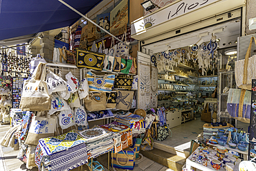 View of souvenir shop in city centre on a sunny day, City of Heraklion, Crete, Greek Islands, Geece, Europe