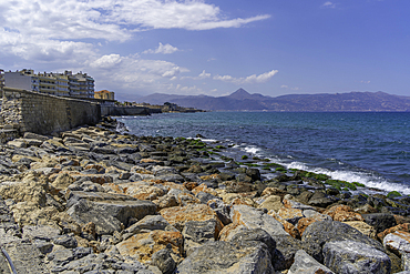 View of coastline in Heraklion on a sunny day, City of Heraklion, Crete, Greek Islands, Geece, Europe