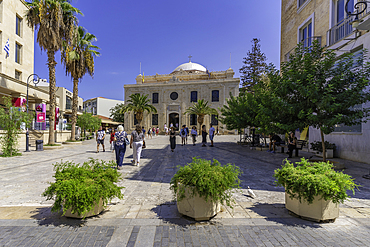 View of Cathedral Holy Temple of Saint Titus on a sunny day, City of Heraklion, Crete, Greek Islands, Geece, Europe