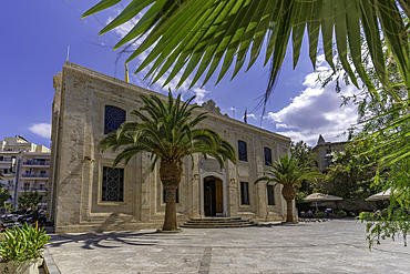 View of Cathedral Holy Temple of Saint Titus on a sunny day, City of Heraklion, Crete, Greek Islands, Geece, Europe