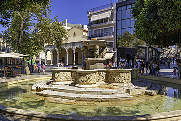 View of Morosini Fountain on a sunny day, City of Heraklion, Crete, Greek Islands, Geece, Europe