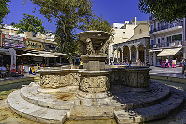 View of Morosini Fountain on a sunny day, City of Heraklion, Crete, Greek Islands, Geece, Europe