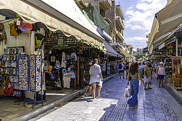 View of stalls at Herakleion Central Market on a sunny day, City of Heraklion, Crete, Greek Islands, Geece, Europe