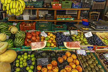 View of fruit stall at Herakleion Central Market on a sunny day, City of Heraklion, Crete, Greek Islands, Geece, Europe
