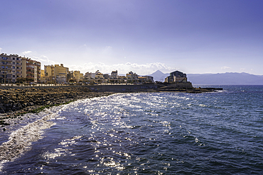 View of Natural History Museum of Crete and coastline on a sunny day, City of Heraklion, Crete, Greek Islands, Geece, Europe