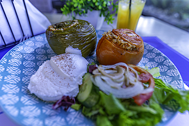 View of traditional stuffed peper and tomato, City of Heraklion, Crete, Greek Islands, Geece, Europe