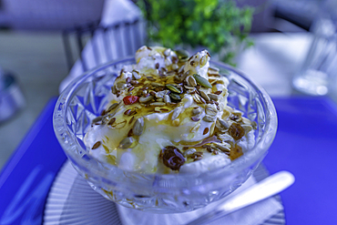View of traditional Greek yoghurt and fruit salad, City of Heraklion, Crete, Greek Islands, Geece, Europe