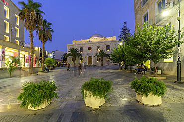 View of Cathedral Holy Temple of Saint Titus at dusk, City of Heraklion, Crete, Greek Islands, Geece, Europe