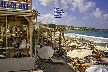 View of Akti Navarchou Nearchou Beach in Limenas Chersonisou, Crete, Greek Islands, Greece, Europe