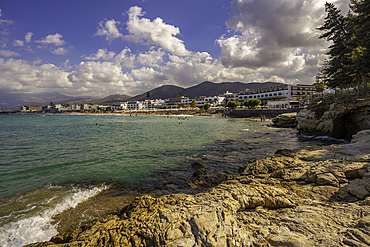 View of Akti Navarchou Nearchou Beach in Limenas Chersonisou, Crete, Greek Islands, Greece, Europe