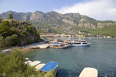 View over Harbour and Beach, Turunc, Anatolia, Turkey, Asia Minor, Eurasia