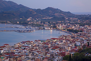 View of town from Strani Hill at dusk, Zakynthos Town, Zakynthos, Ionian Islands, Greek Islands, Greece, Europe