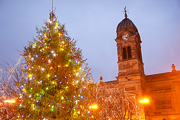 Christmas tree and Guild Hall at dusk, Derby, Derbyshire, England, United Kingdom, Europe