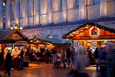 Christmas Market stalls and Town Hall, City Centre, Birmingham, West Midlands, England, United Kingdom, Europe