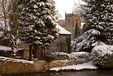 Cottage and church, Ashford in the Water, Derbyshire, England, United Kingdom, Europe
