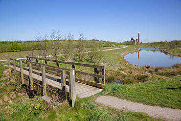Pleasley Colliery reflecting in pond, Derbyshire, England, United Kingdom, Europe