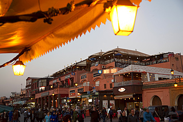 Market stalls at dusk, Place Jemaa El Fna, Marrakesh, Morocco, North Africa, Africa