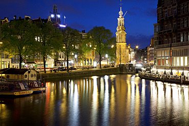 Munttoren and canal at dusk, Amsterdam, Holland, Europe
